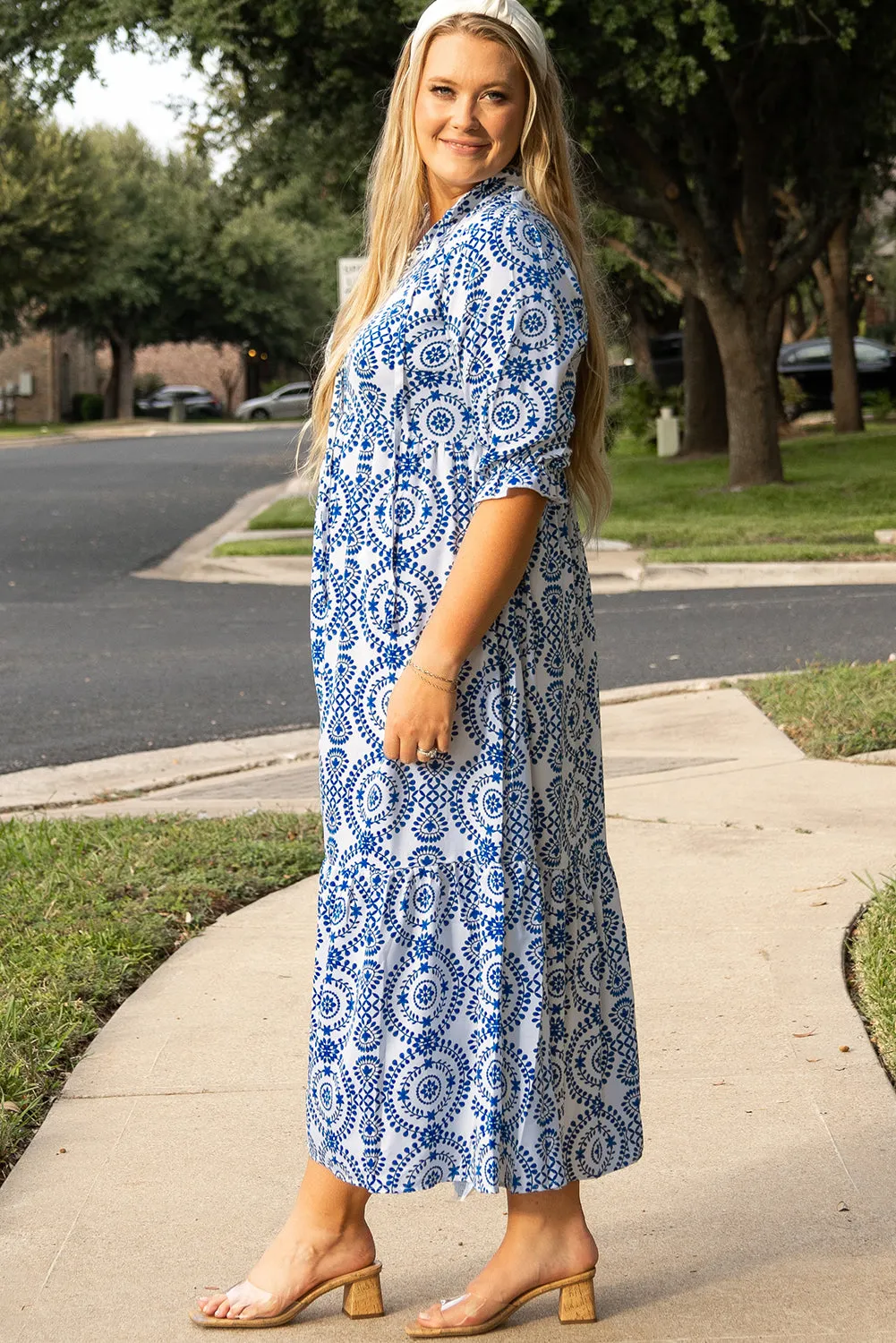 Sky Blue Geometric Print Lace-up Notch Neck Plus Size Maxi Dress sold by Beagle Boutique product image thumbnail 3