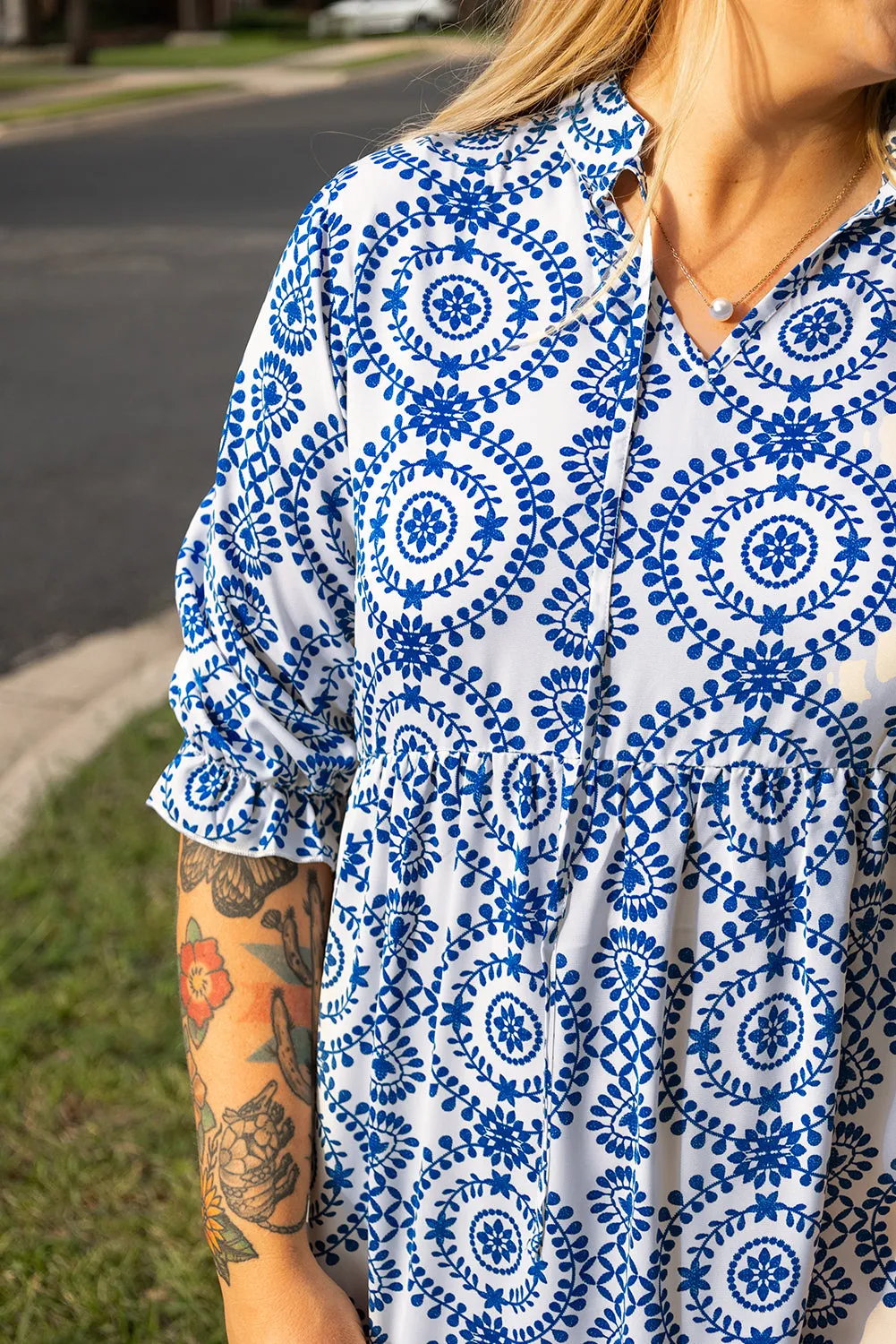 Sky Blue Geometric Print Lace-up Notch Neck Plus Size Maxi Dress sold by Beagle Boutique product image thumbnail 4
