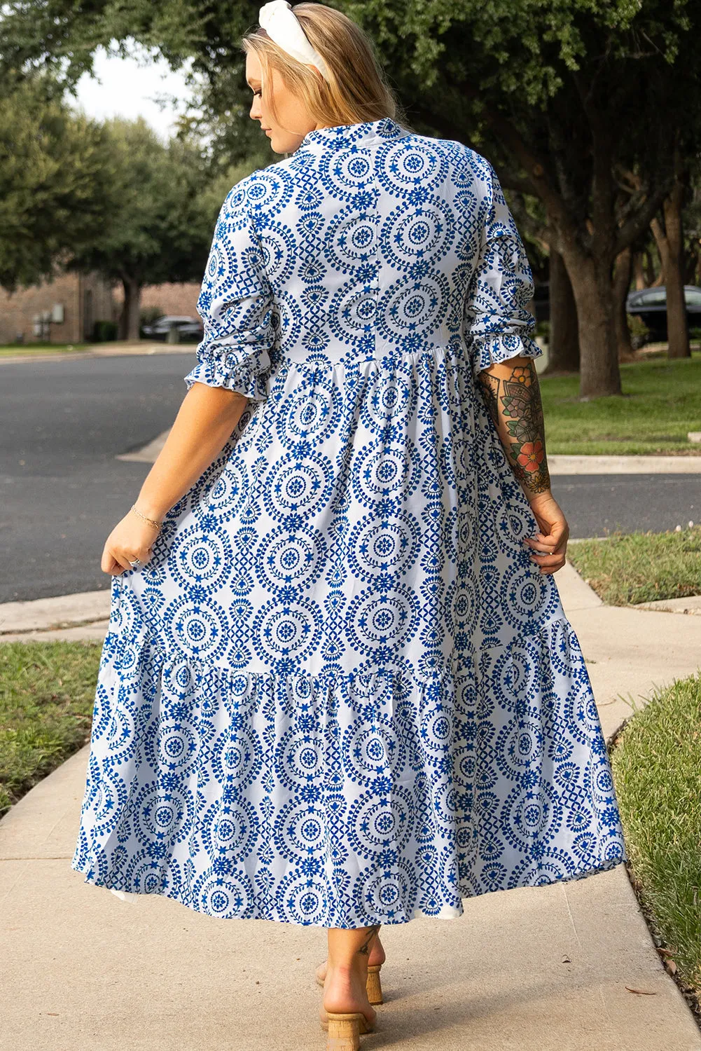 Sky Blue Geometric Print Lace-up Notch Neck Plus Size Maxi Dress sold by Beagle Boutique product image thumbnail 2