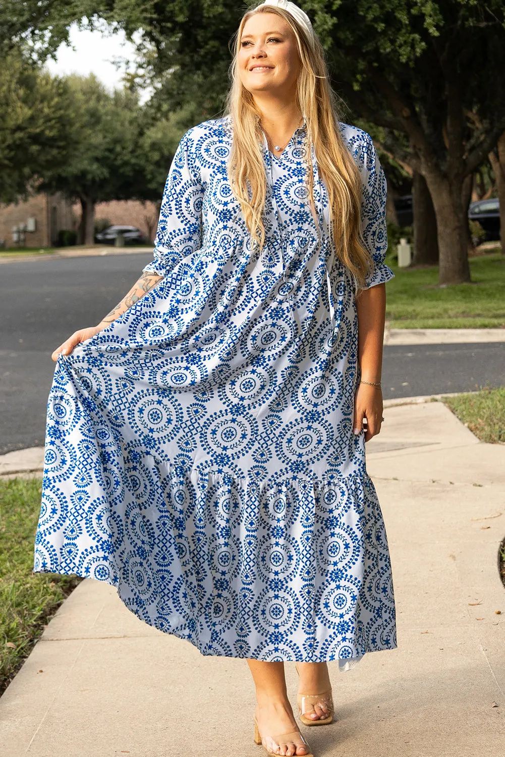 Sky Blue Geometric Print Lace-up Notch Neck Plus Size Maxi Dress sold by Beagle Boutique