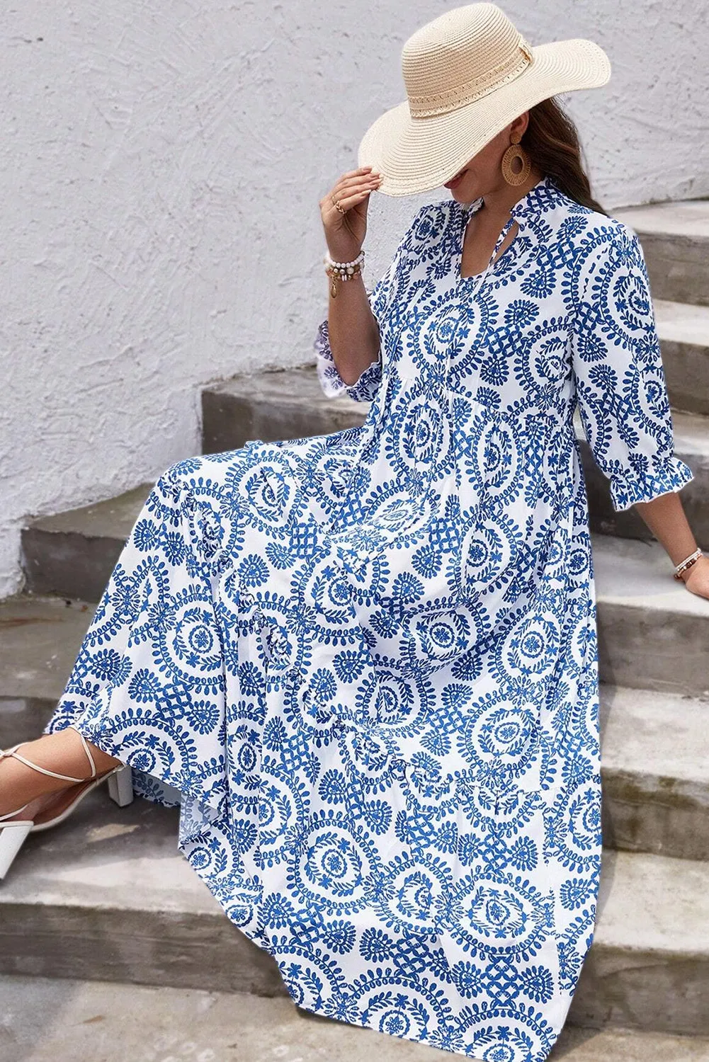 Sky Blue Geometric Print Lace-up Notch Neck Plus Size Maxi Dress sold by Beagle Boutique product image thumbnail 5