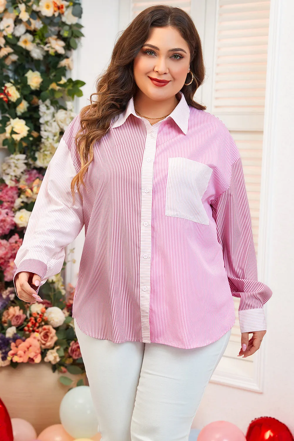 Pink Stripe Print Colourblock Plus Size Shirt sold by Beagle Boutique