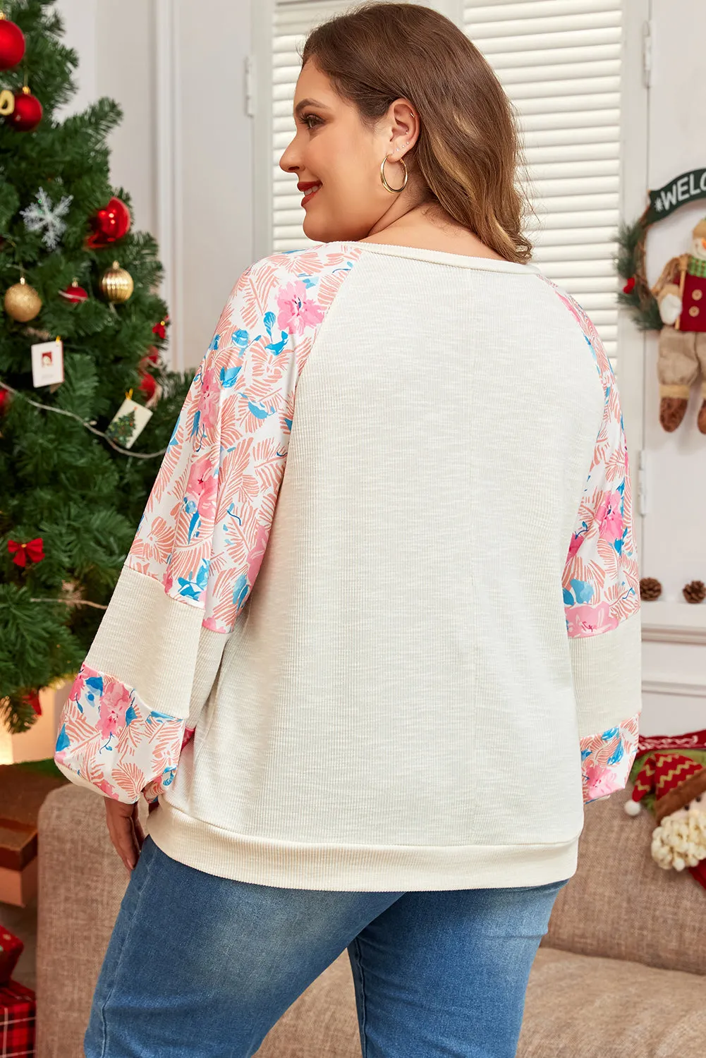 Beige Plus Size Floral Patchwork Ribbed Puff Sleeve Top sold by Beagle Boutique product image thumbnail 2
