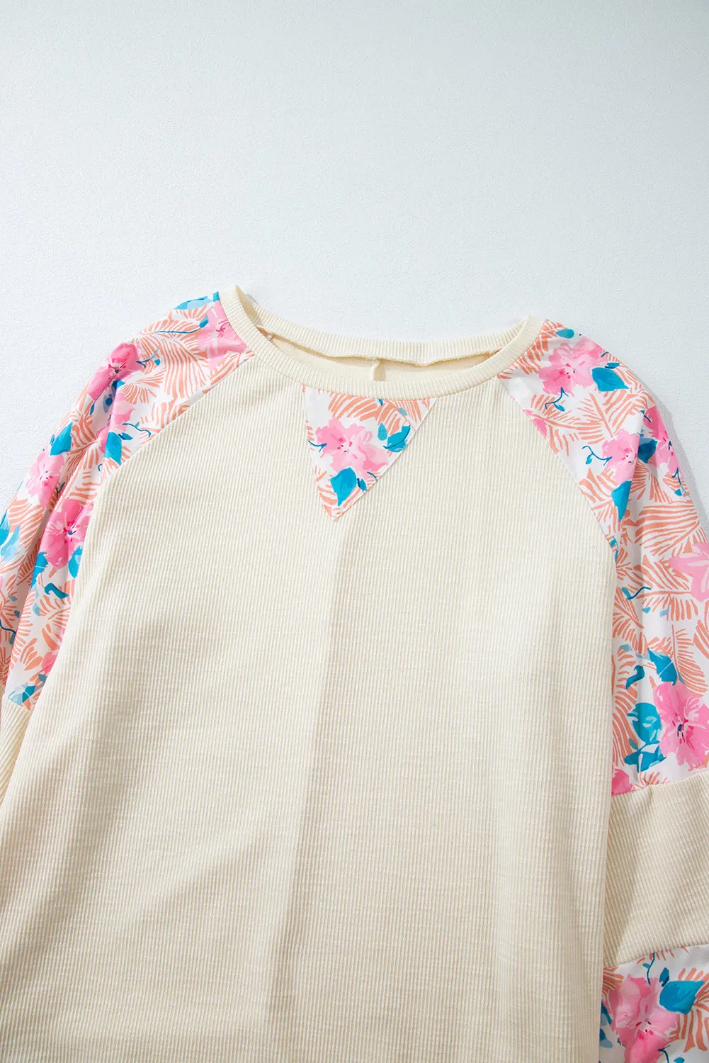 Beige Plus Size Floral Patchwork Ribbed Puff Sleeve Top sold by Beagle Boutique product image thumbnail 4