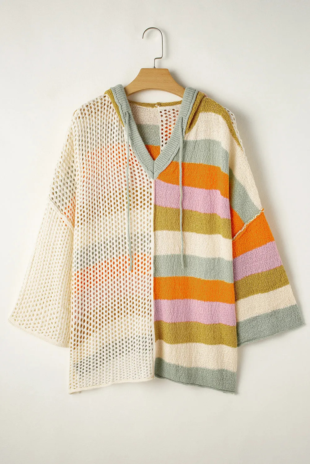 Beige Pointelle Knit Colourblock Patchwork V Neck Hooded Plus Sweater sold by Beagle Boutique product image thumbnail 5