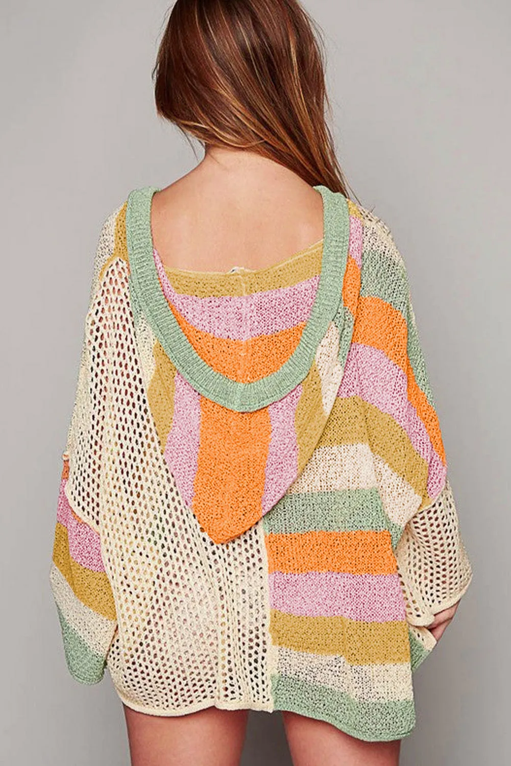 Beige Pointelle Knit Colourblock Patchwork V Neck Hooded Plus Sweater sold by Beagle Boutique product image thumbnail 4