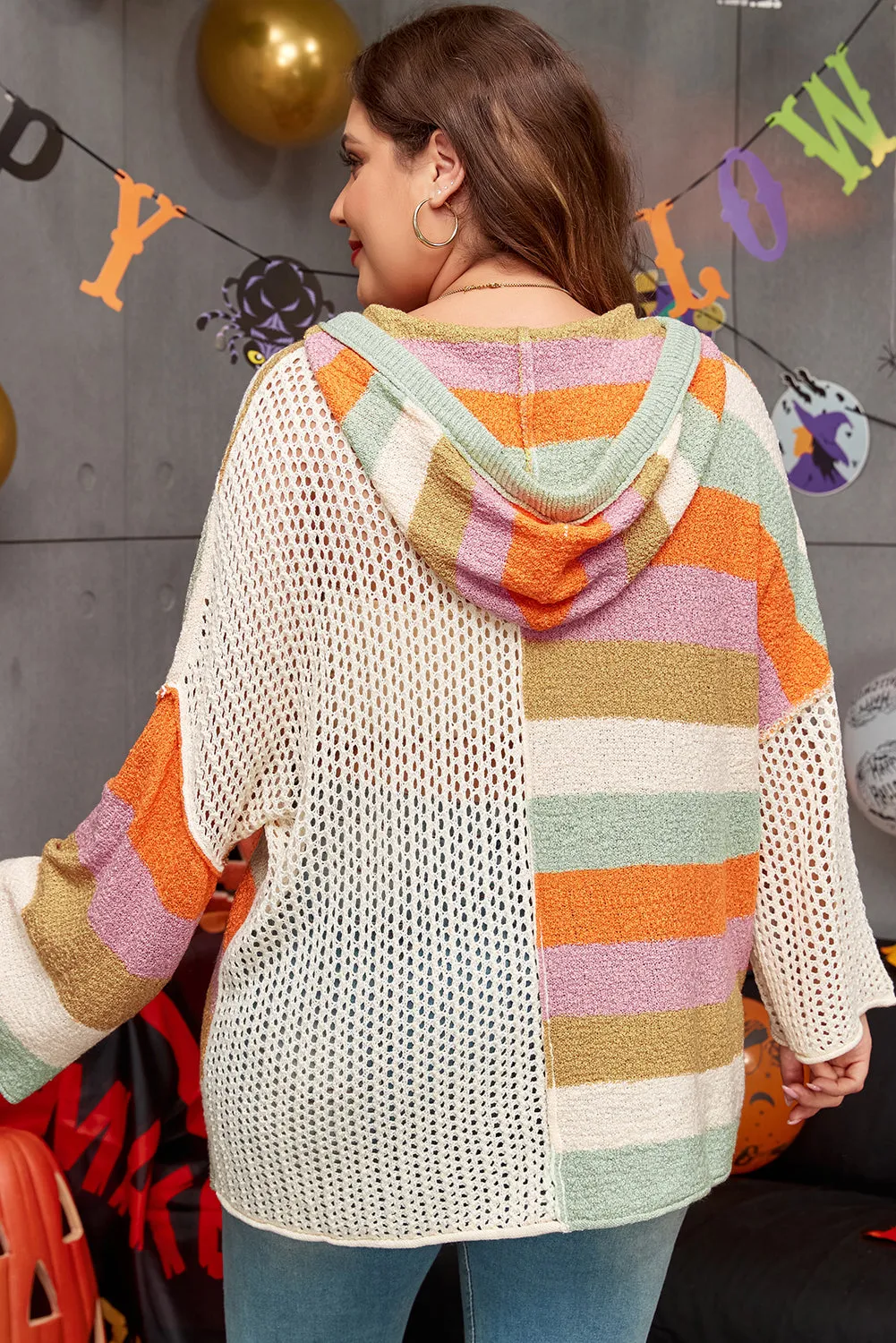 Beige Pointelle Knit Colourblock Patchwork V Neck Hooded Plus Sweater sold by Beagle Boutique product image thumbnail 2