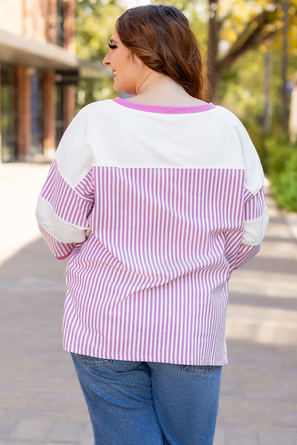 Pink Stripe Patchwork Bracelet Sleeve Plus Size T Shirt sold by Beagle Boutique product image thumbnail 2