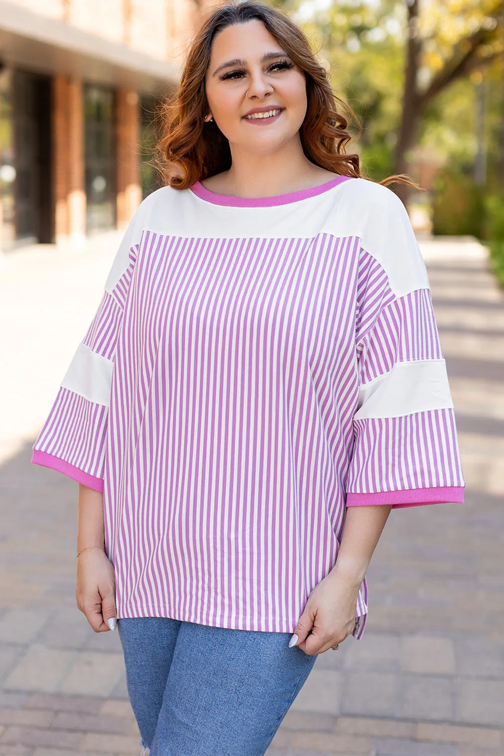 Pink Stripe Patchwork Bracelet Sleeve Plus Size T Shirt sold by Beagle Boutique