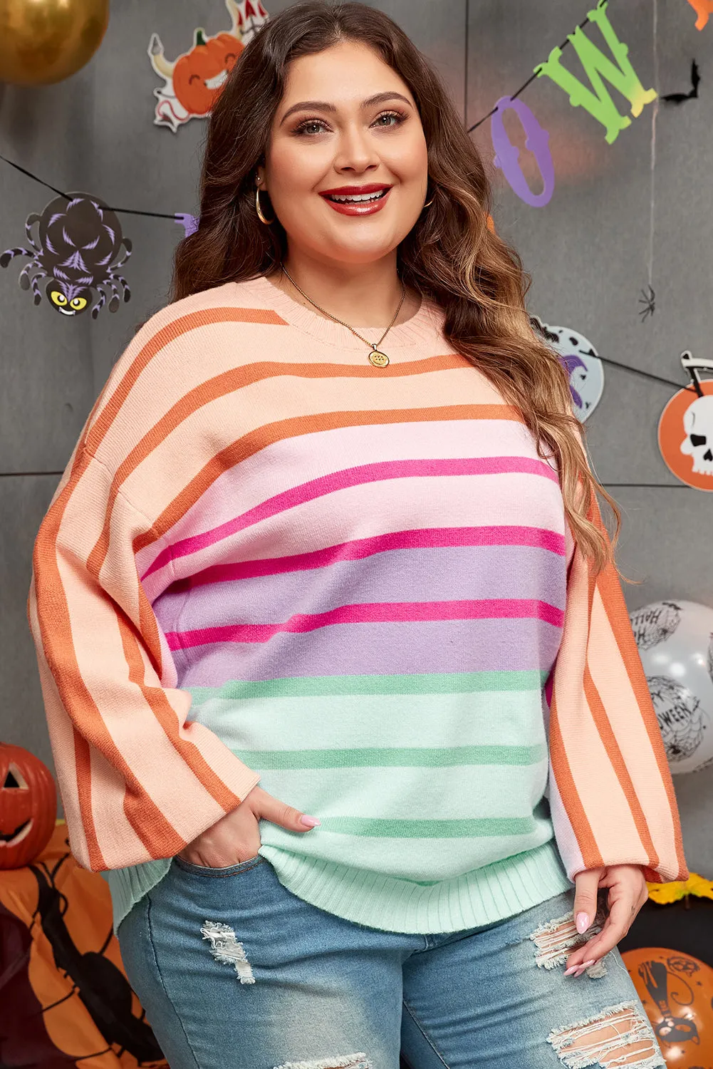 Pink Stripe Colour Block Balloon Sleeve Crewneck Plus Size Sweater sold by Beagle Boutique product image thumbnail 3