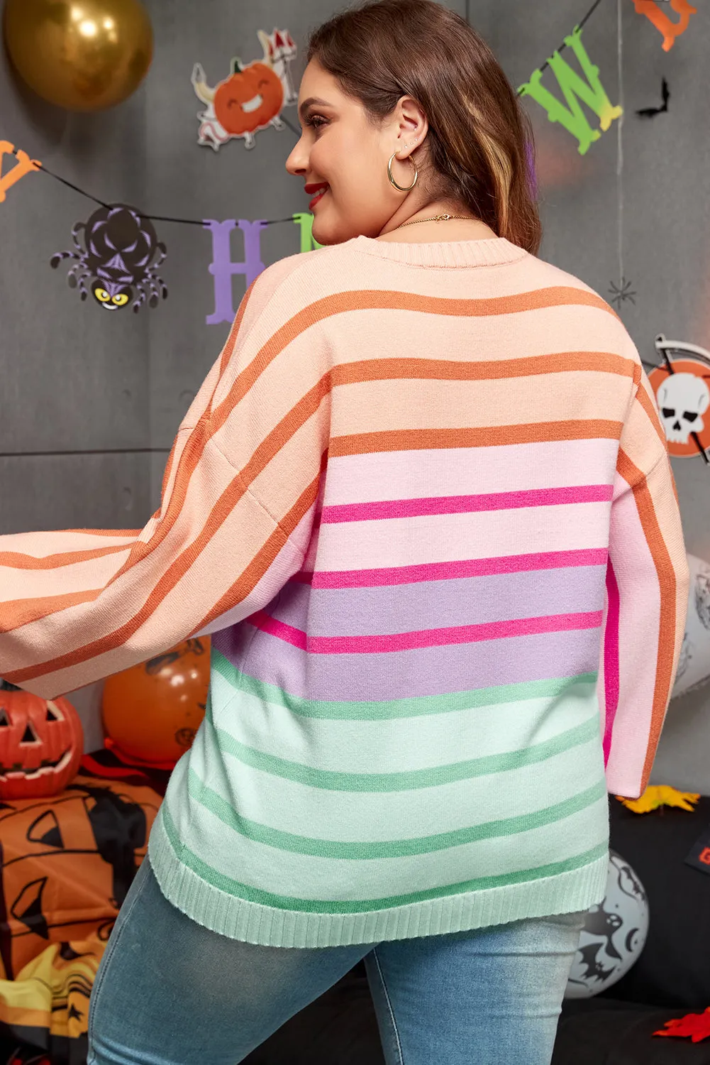 Pink Stripe Colour Block Balloon Sleeve Crewneck Plus Size Sweater sold by Beagle Boutique product image thumbnail 2