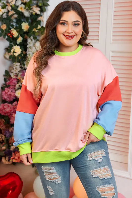 Light Pink Plus Size Colourblock Patchwork Crew Neck Sweatshirt sold by Beagle Boutique