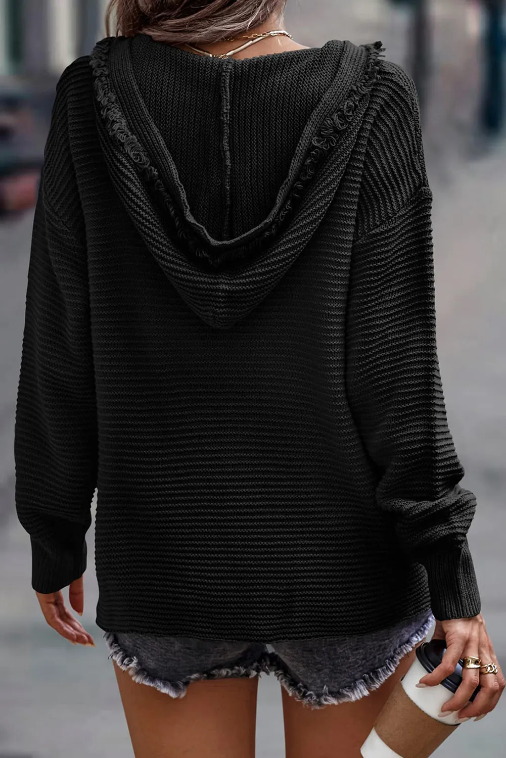 V Neck Ribbed Drop Shoulder Hooded Sweater sold by Beagle Boutique product image thumbnail 2