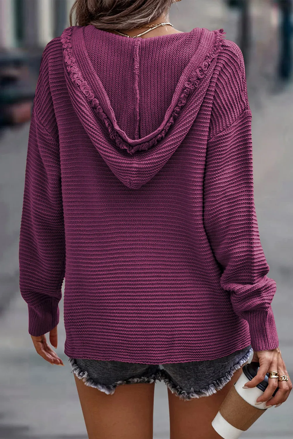 V Neck Ribbed Drop Shoulder Hooded Sweater sold by Beagle Boutique product image thumbnail 5