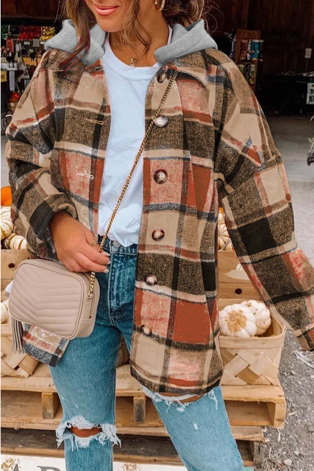 Hooded Plaid Button Front Shacket sold by Beagle Boutique