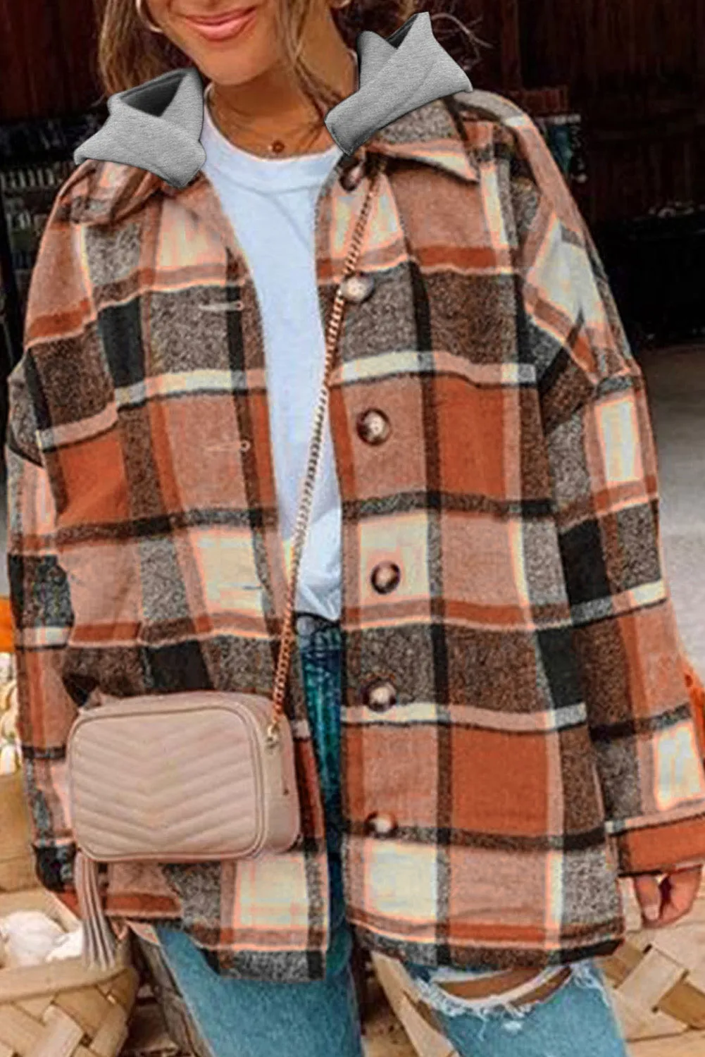 Hooded Plaid Button Front Shacket sold by Beagle Boutique product image thumbnail 2
