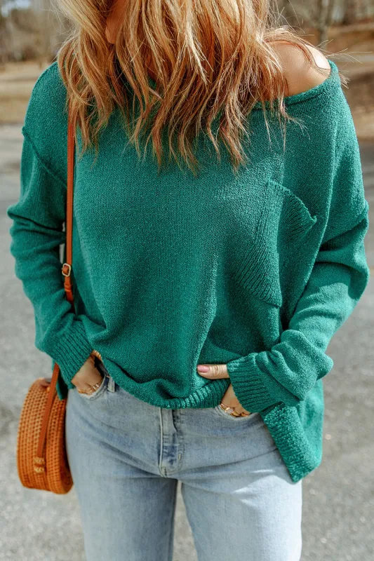 Solid Color Off Shoulder Rib Knit Sweater with Pocket sold by Beagle Boutique