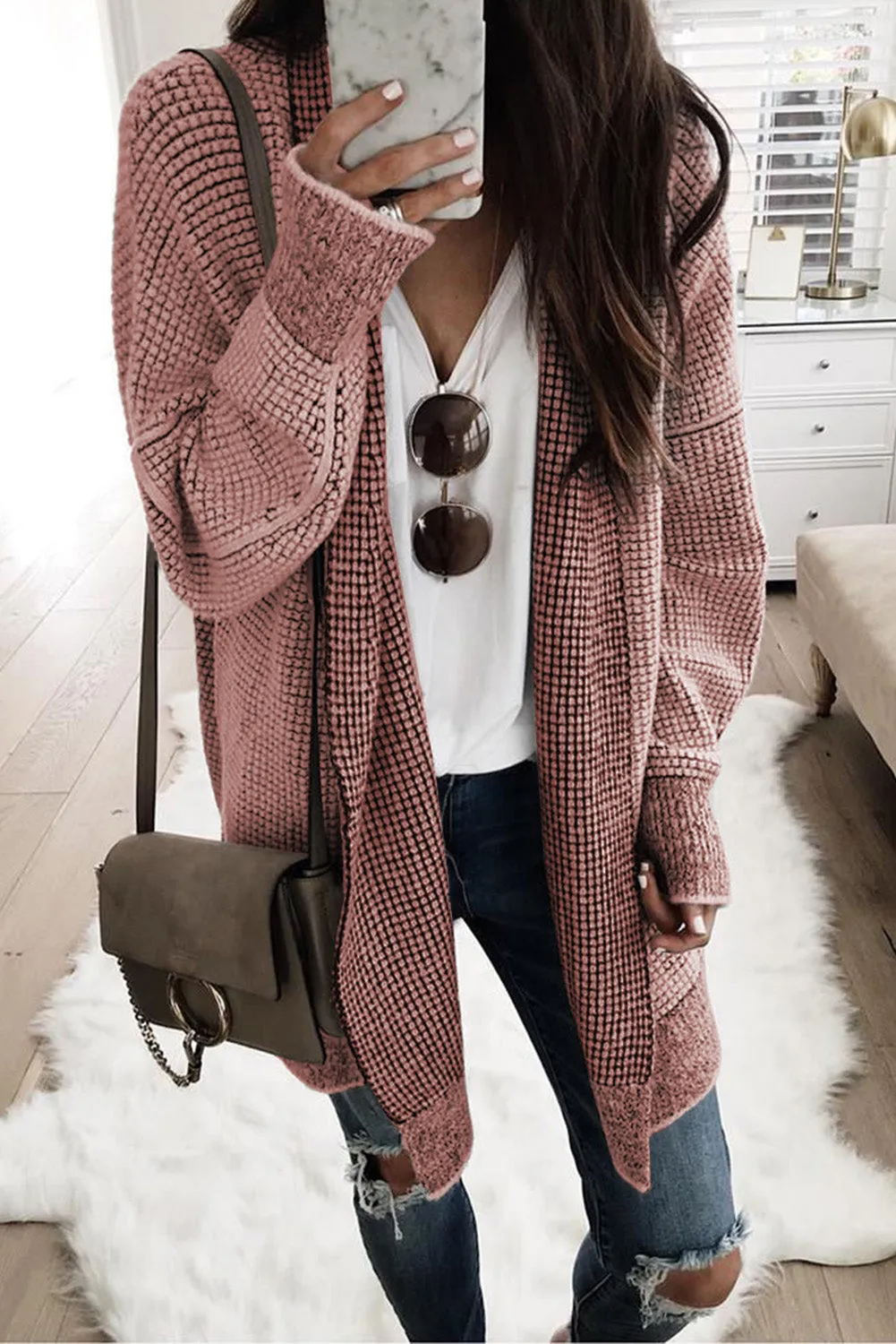 Rose Plaid Knitted Long Open Front Cardigan sold by Beagle Boutique