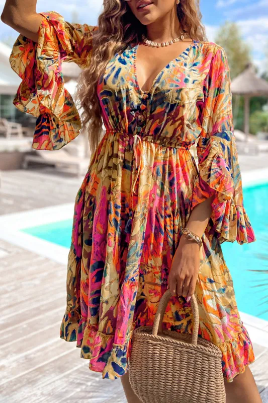 Pink Plant Print Flared Sleeve Ruffled Hem Tunic High Waist Flowy Dress sold by Beagle Boutique