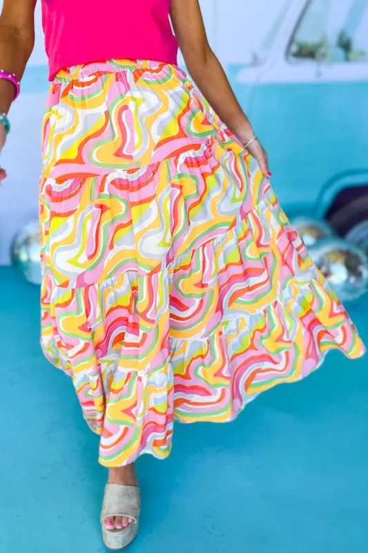 Pink Abstract Print Tiered Flowy Maxi Skirt sold by Beagle Boutique