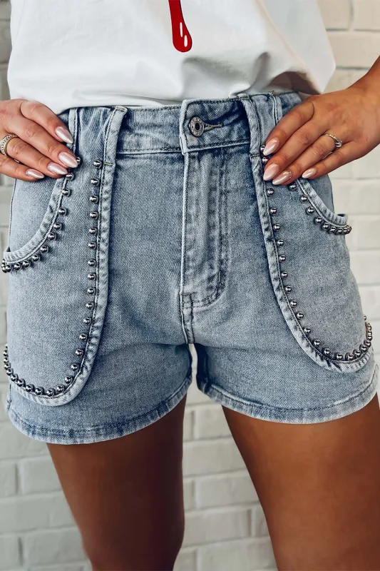 Dusk Blue Studded Acid Wash Jean Shorts sold by Beagle Boutique