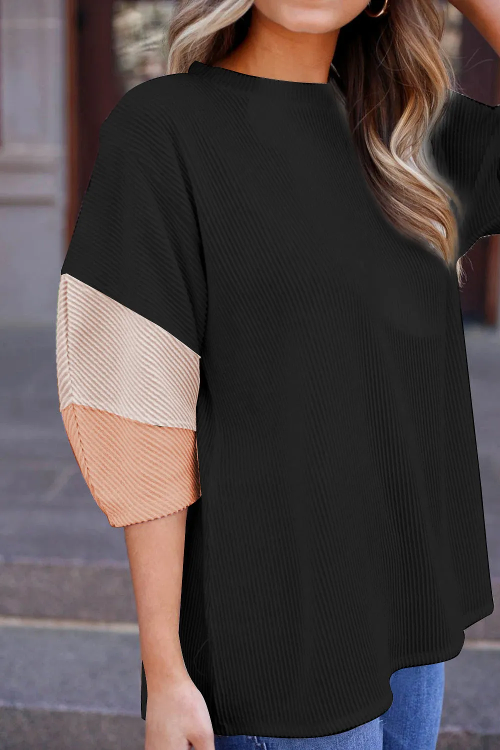 Light Pink Colour Block Ribbed Knit Quarter Sleeve Top sold by Beagle Boutique product image thumbnail 2