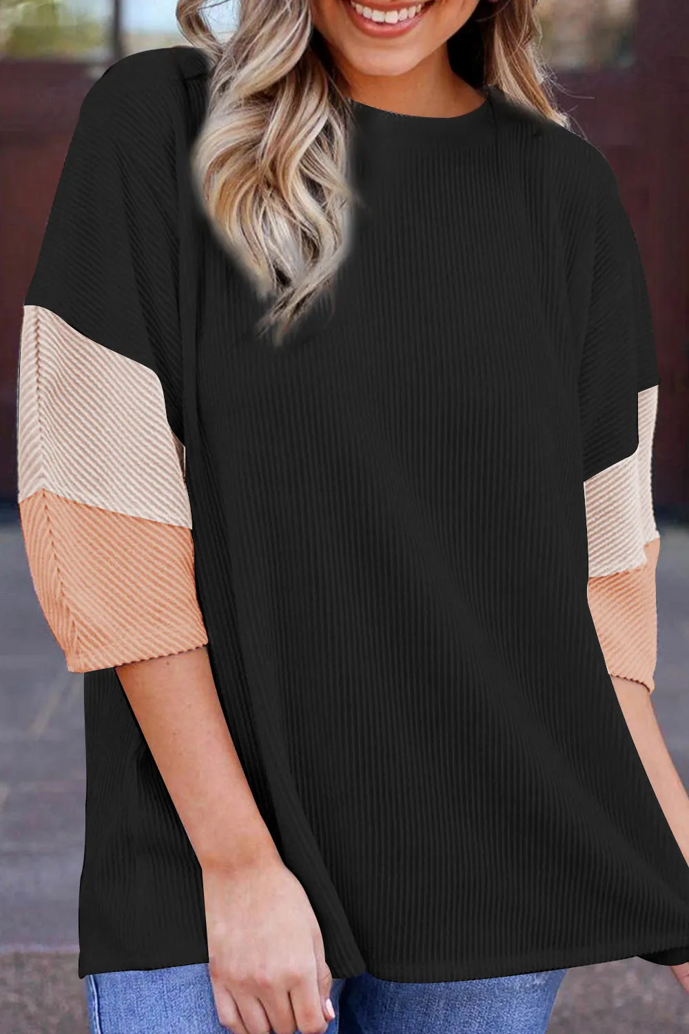 Light Pink Colour Block Ribbed Knit Quarter Sleeve Top sold by Beagle Boutique