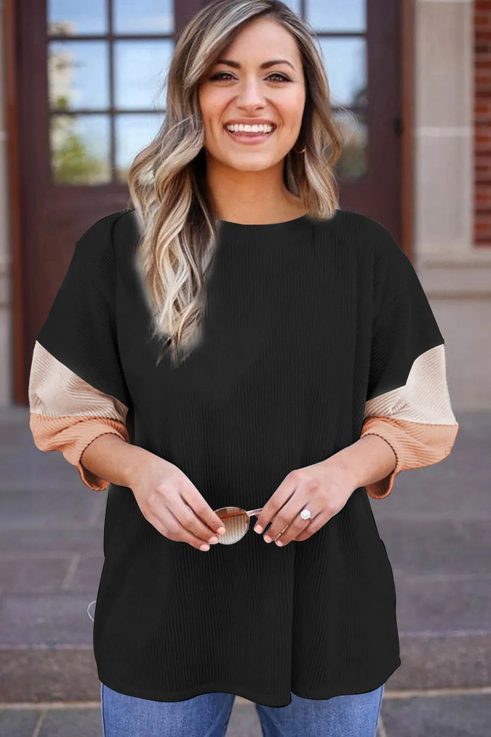 Light Pink Colour Block Ribbed Knit Quarter Sleeve Top sold by Beagle Boutique product image thumbnail 3