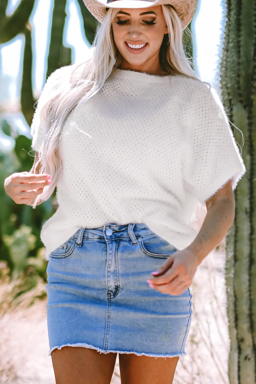 White Fuzzy Eyelet Knitted Sweater T-shirt sold by Beagle Boutique