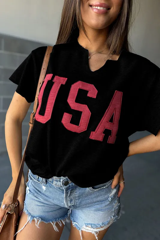Black USA Lettering Patch Notched Neck Loose Tee sold by Beagle Boutique