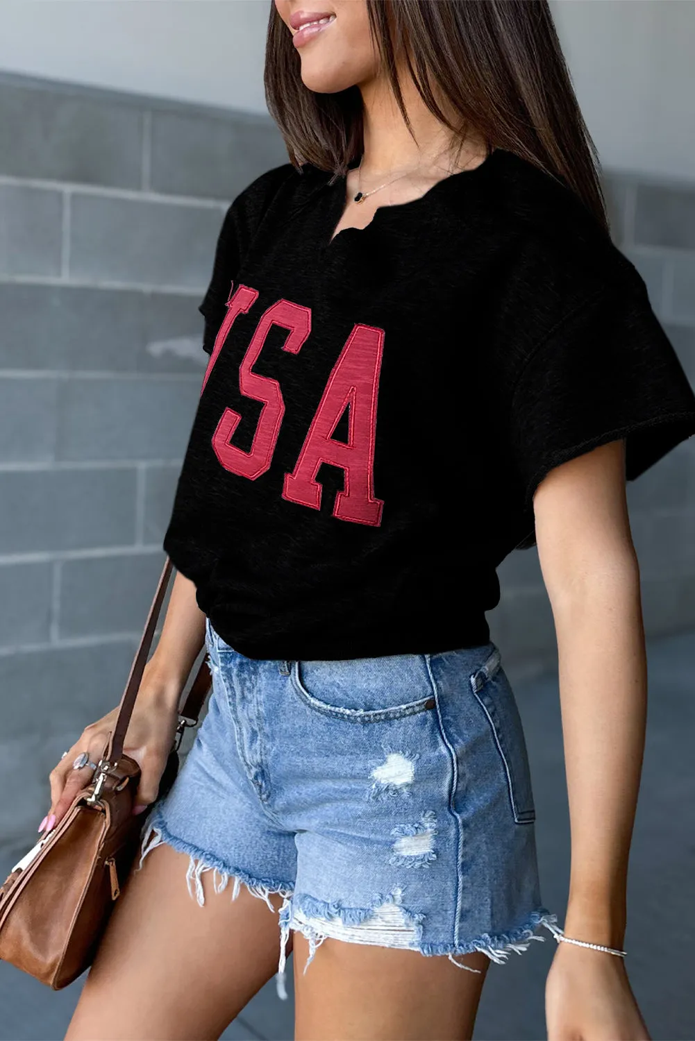 Black USA Lettering Patch Notched Neck Loose Tee sold by Beagle Boutique product image thumbnail 3