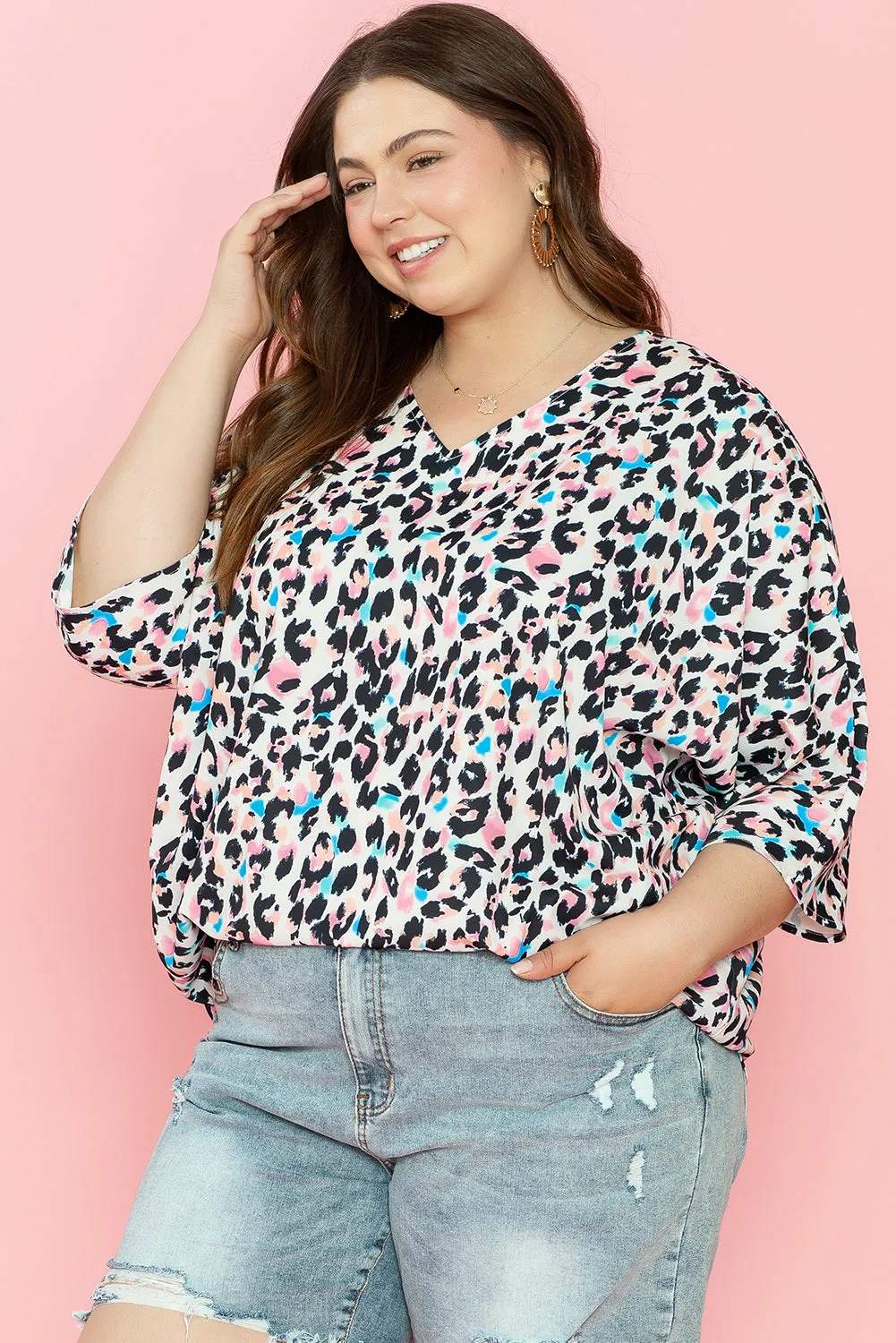 Brown Leopard Print V Neck Batwing Sleeve Plus Size Top sold by Beagle Boutique product image thumbnail 3