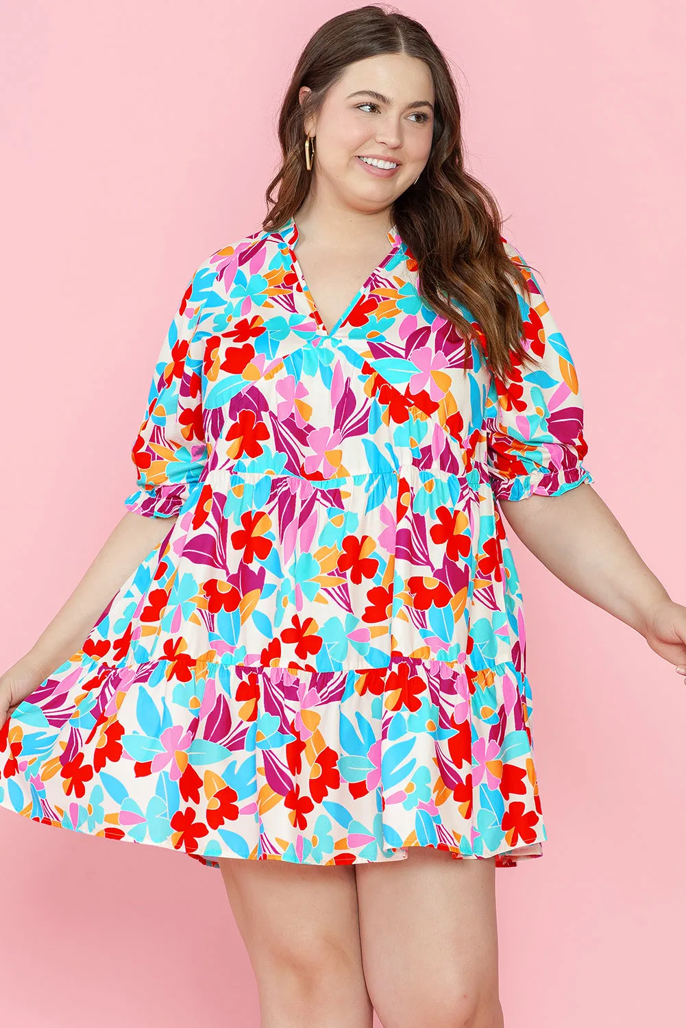 Multicolour Floral Tiered V Neck Plus Dress sold by Beagle Boutique