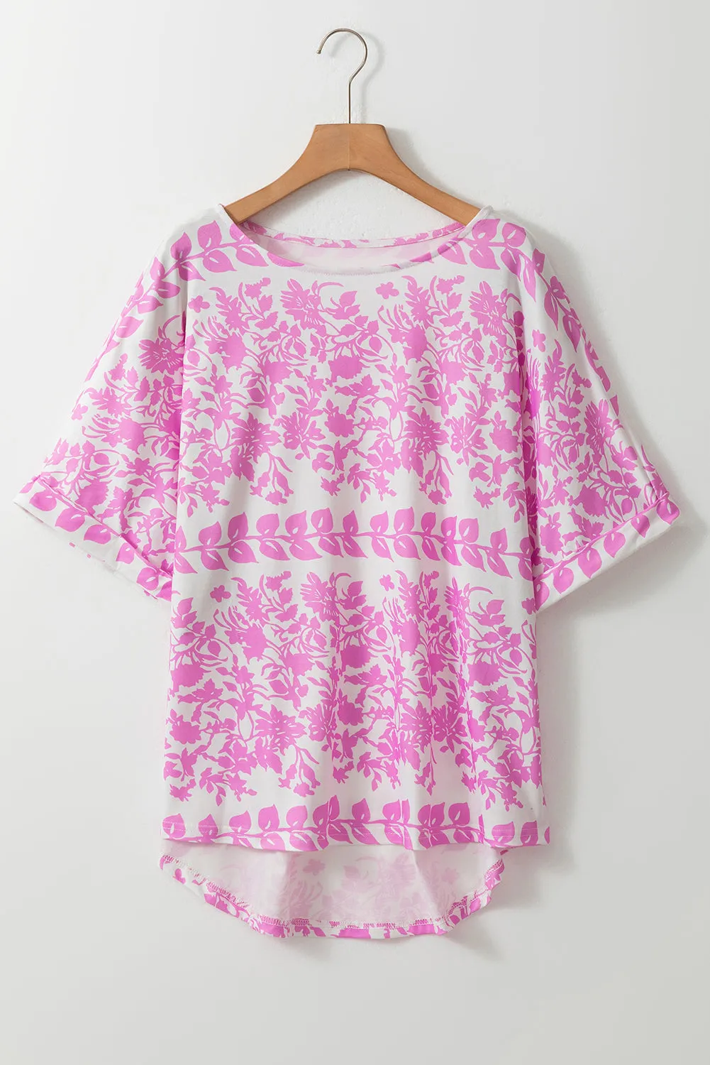 White Floral Printed Curved Hem Plus Size T Shirt sold by Beagle Boutique product image thumbnail 4