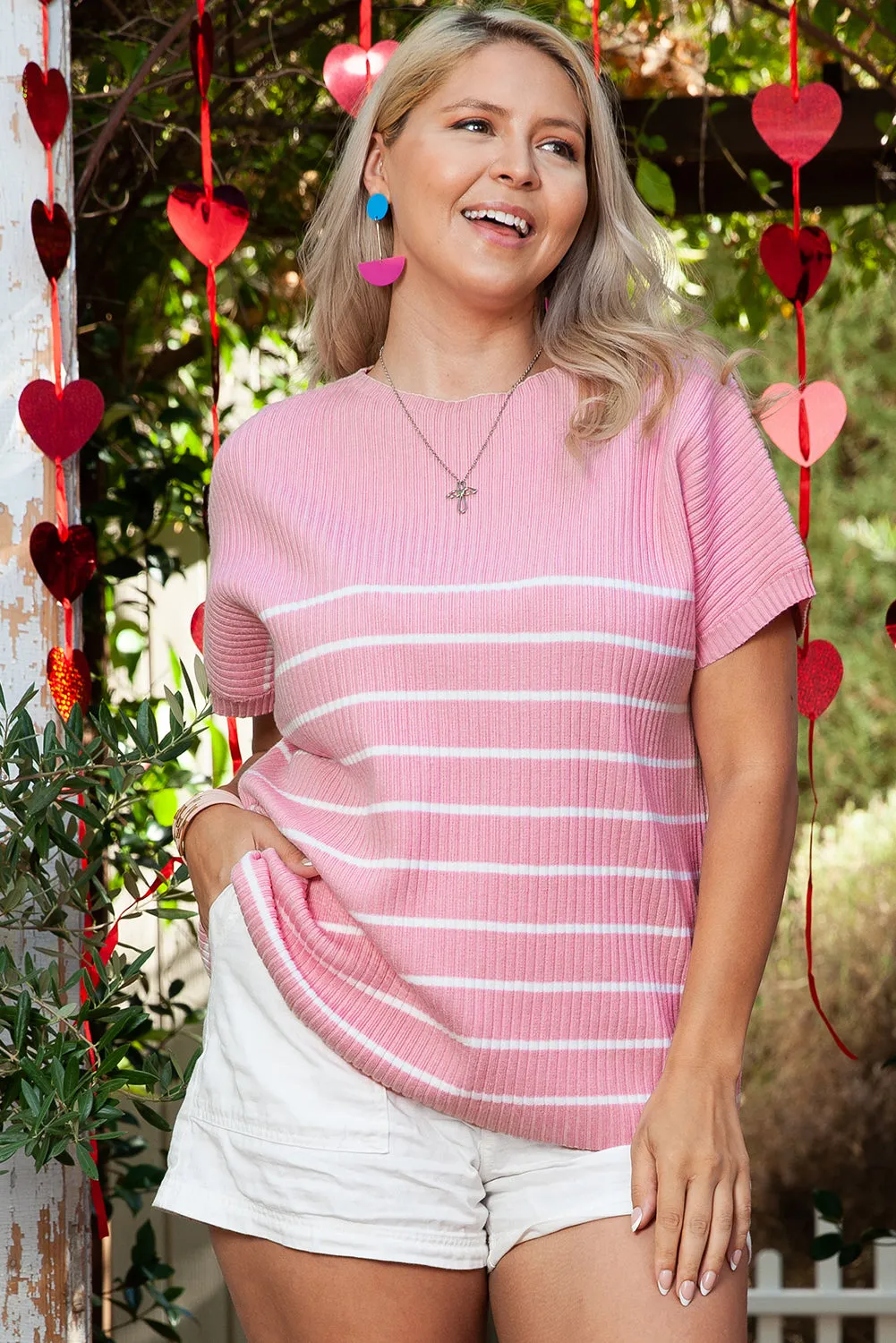 Pink Stripe Ribbed Loose Plus T Shirt sold by Beagle Boutique