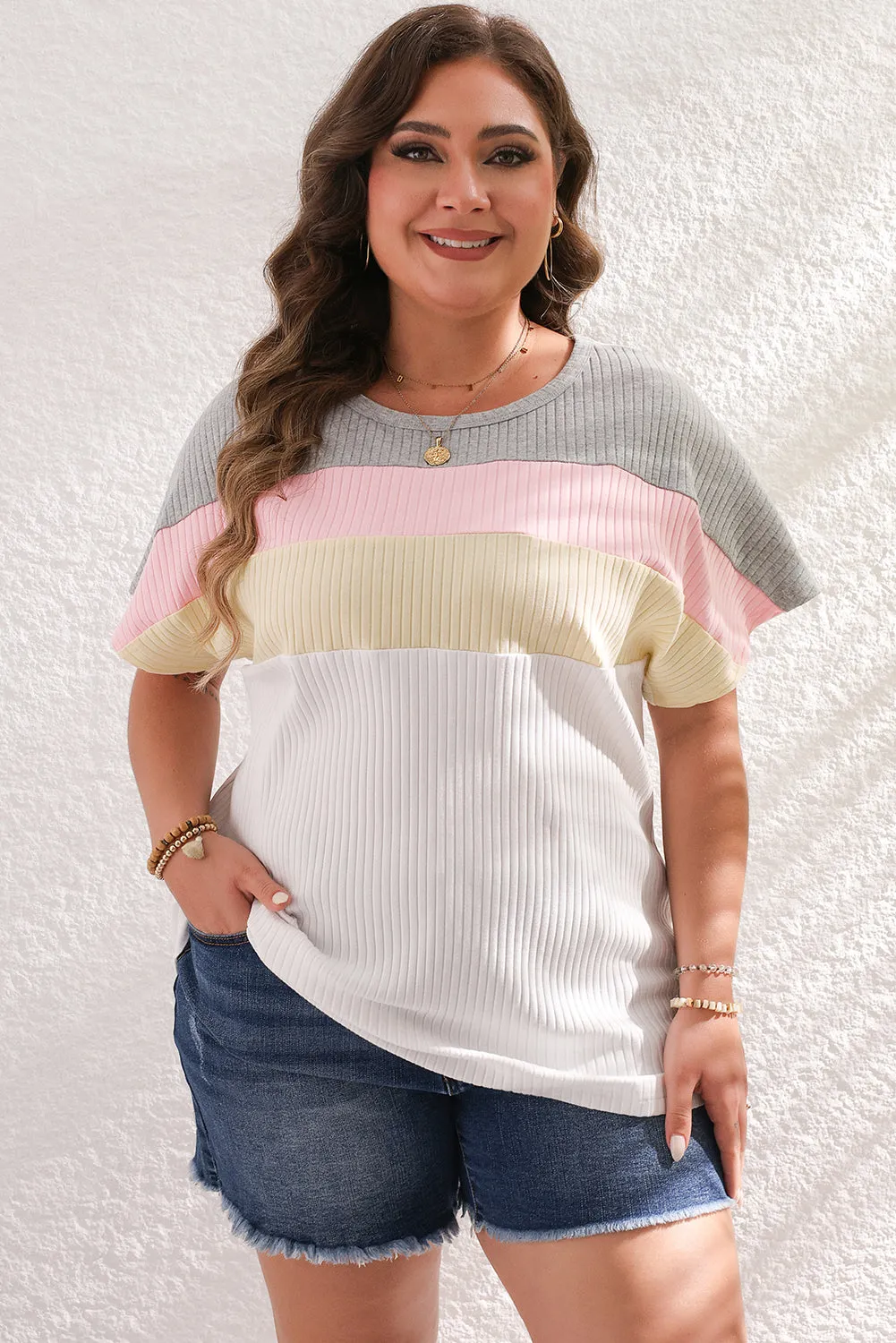 White Colourblock Patchwork Batwing Sleeve Ribbed Plus T Shirt sold by Beagle Boutique
