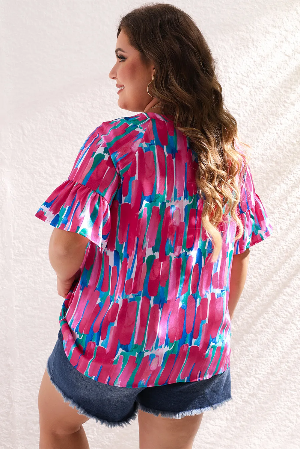 Rose Plus Brushstroke Ruffle Sleeve Button V Neck Blouse sold by Beagle Boutique product image thumbnail 3
