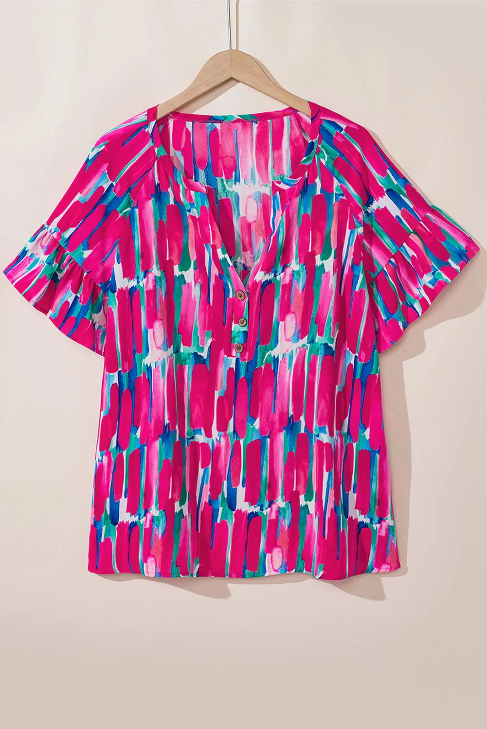 Rose Plus Brushstroke Ruffle Sleeve Button V Neck Blouse sold by Beagle Boutique product image thumbnail 4