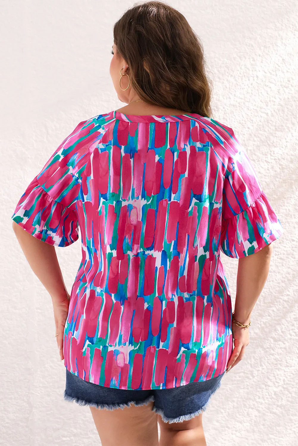 Rose Plus Brushstroke Ruffle Sleeve Button V Neck Blouse sold by Beagle Boutique product image thumbnail 2