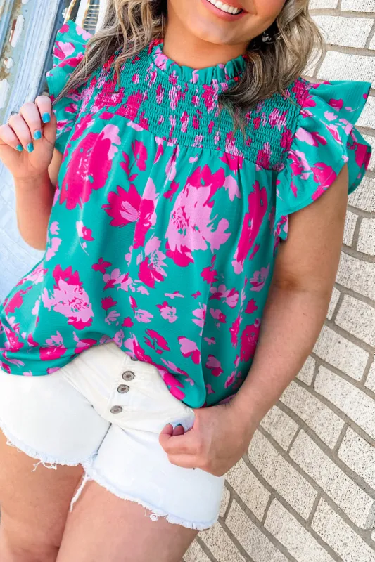 Green Floral Smocked Detail Ruffled Plus Size Blouse sold by Beagle Boutique