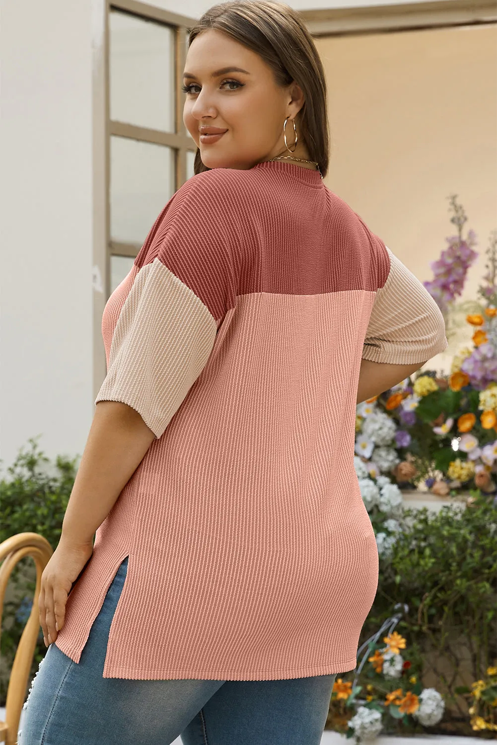 Rose Pink Plus Size Ribbed Colourblock T-shirt sold by Beagle Boutique product image thumbnail 2