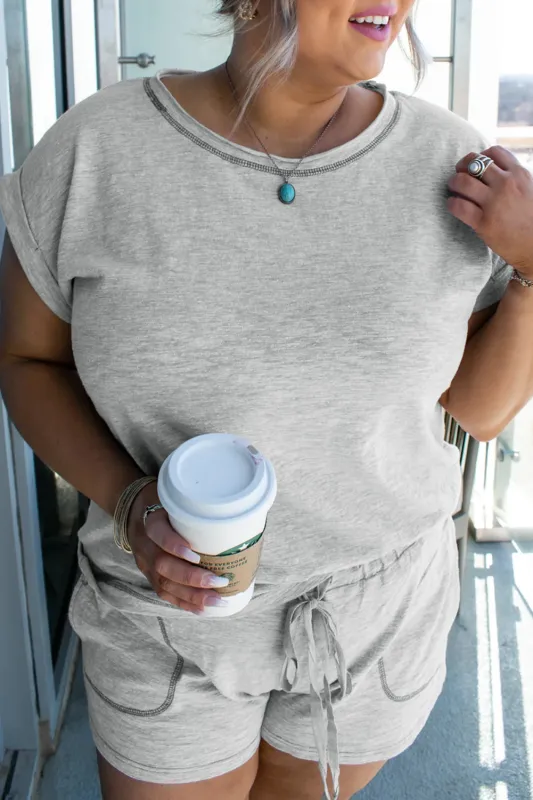 Grey Contrast Stitching Cuffed Sleeve Plus Shorts Set sold by Beagle Boutique