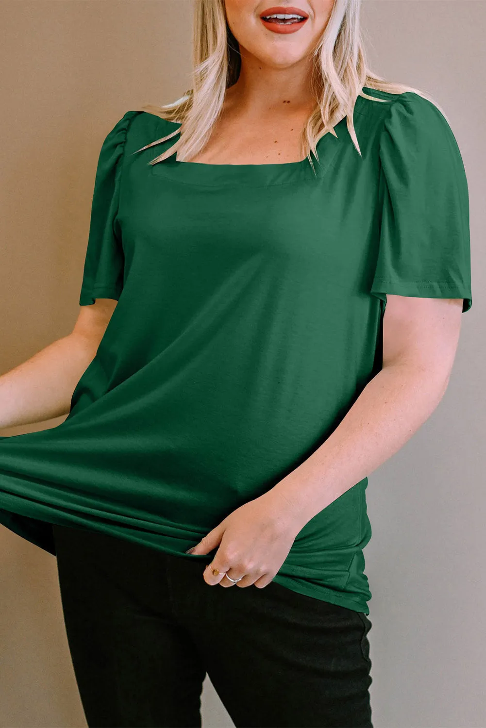 Green Plus Size Square Neck Ruched Shoulder Short Sleeve Top sold by Beagle Boutique product image thumbnail 4