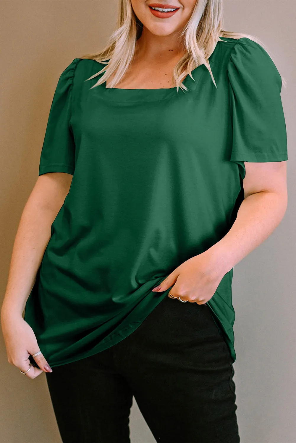 Green Plus Size Square Neck Ruched Shoulder Short Sleeve Top sold by Beagle Boutique