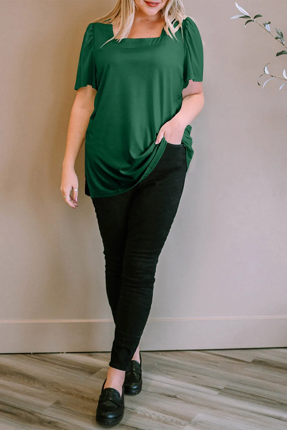 Green Plus Size Square Neck Ruched Shoulder Short Sleeve Top sold by Beagle Boutique product image thumbnail 5