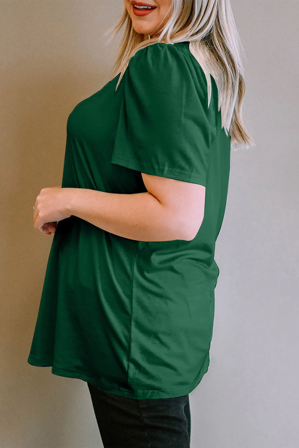 Green Plus Size Square Neck Ruched Shoulder Short Sleeve Top sold by Beagle Boutique product image thumbnail 3