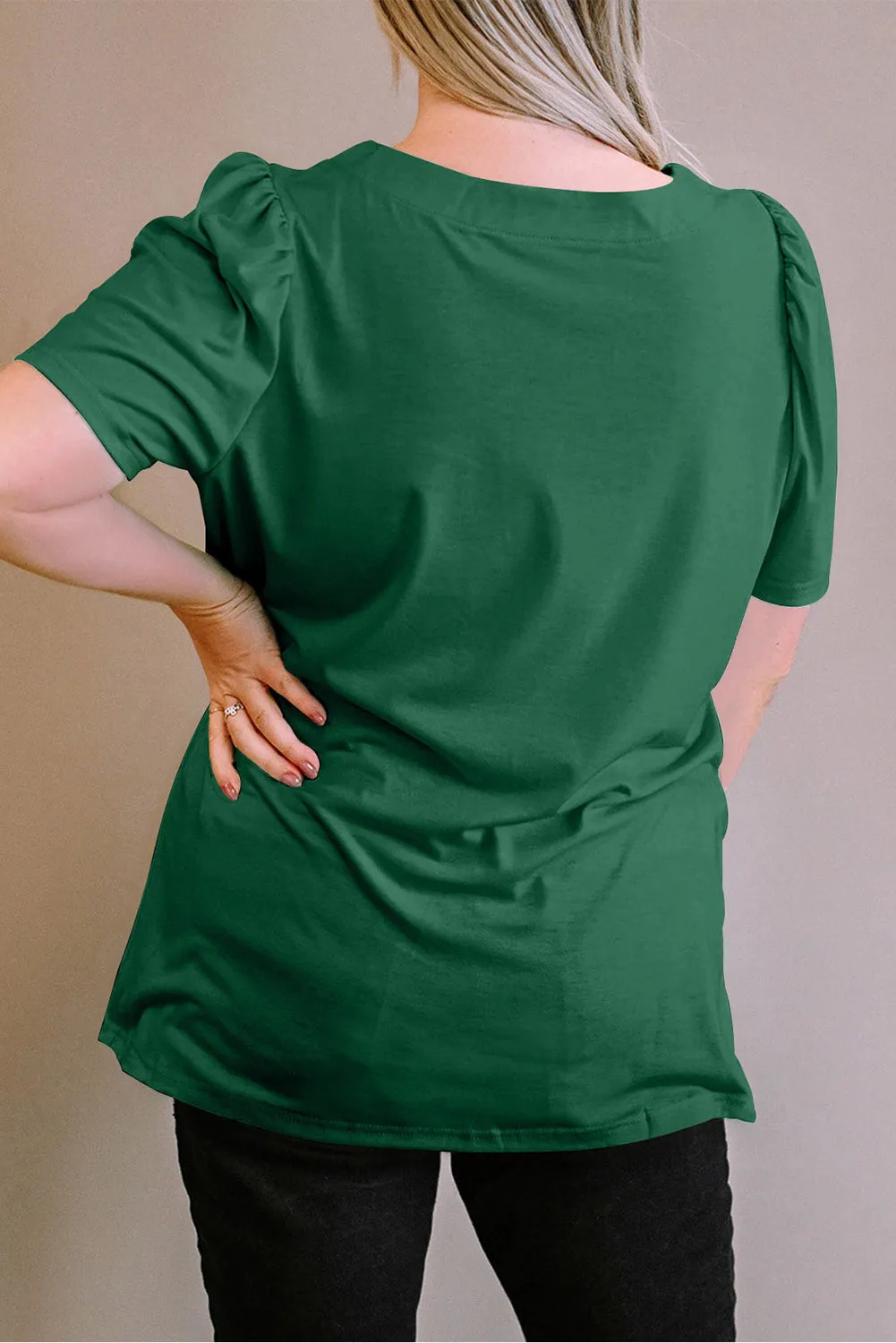 Green Plus Size Square Neck Ruched Shoulder Short Sleeve Top sold by Beagle Boutique product image thumbnail 2