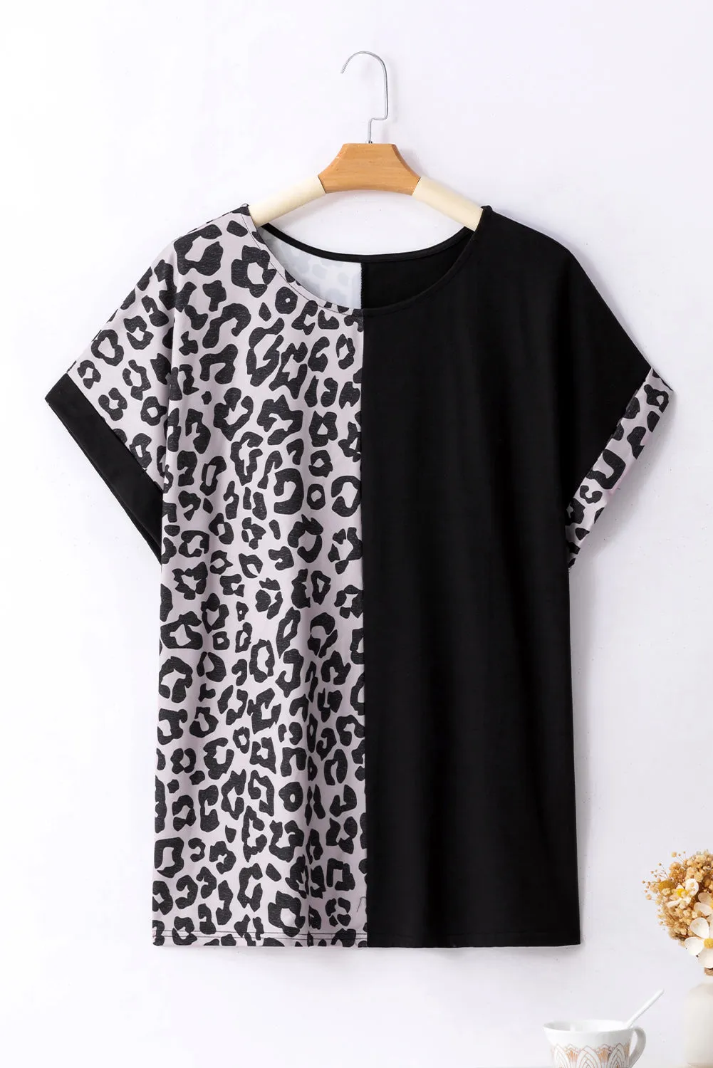 Black Half Leopard Patchwork Plus Size T-shirt sold by Beagle Boutique product image thumbnail 4