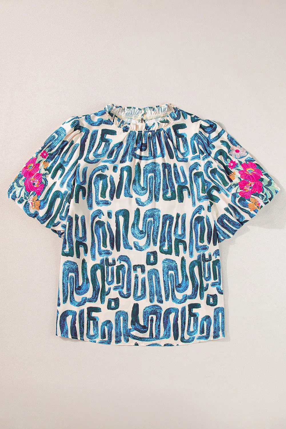 Sky Blue Stripe Plus Size Abstract Print Floral Embroidered Puff Sleeve Blouse sold by Beagle Boutique product image thumbnail 4