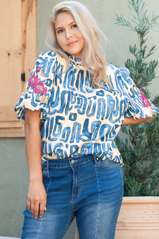 Sky Blue Stripe Plus Size Abstract Print Floral Embroidered Puff Sleeve Blouse sold by Beagle Boutique